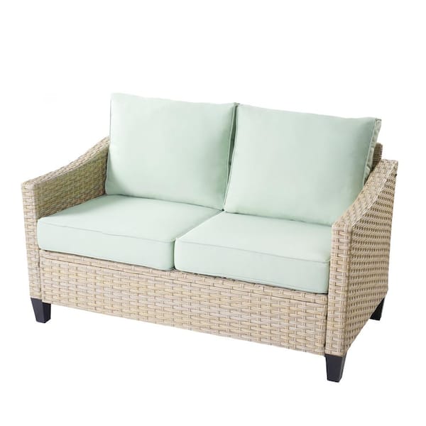 weaxty W Camelia D Beige 6-Piece Wicker Patio Rectangular Fire Pit Seating Set with Mint Green Cushions and Swivel Rocking Chair