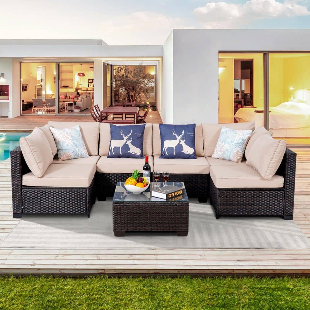 7-Piece Brown Wicker Outdoor Sofa Sectional Set with Khaki Cushions ...