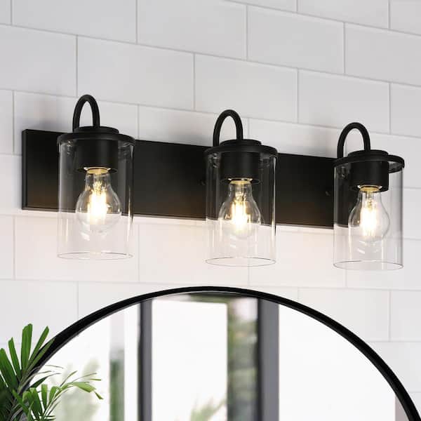 LNC Modern 21.7 in. 3-Light Black Bath Vanity Light with Classic Clear Glass Shades Powder Room Wall Sconce, LED Compatible