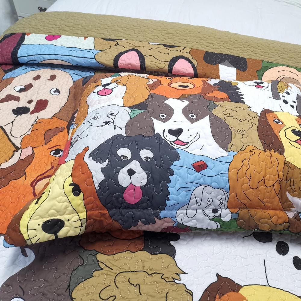 Brown Dog Print Twin Reversible Kids Quilt Set