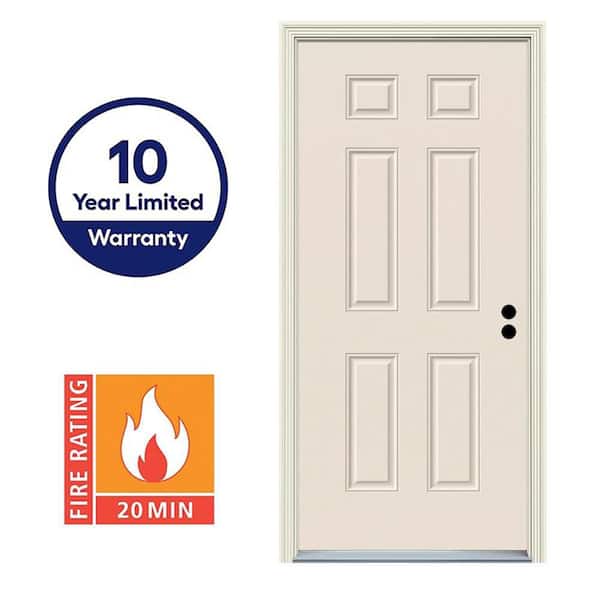 30 in. x 80 in. Left Hand Inswing 6-Panel Primed 20 Minute Fire Rated Steel Prehung Front Door with Brickmould