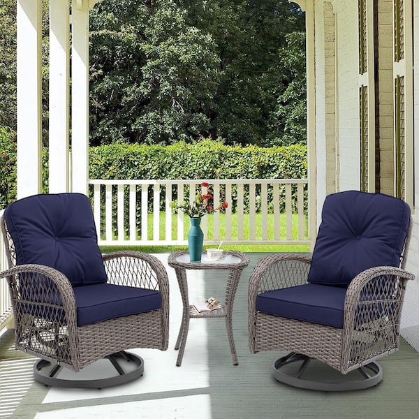 Unbranded 3-Piece Wicker Outdoor Patio Conversation Set, 360° Swivel Rocker Chairs with Navy Blue Cushions and Glass Coffee Table