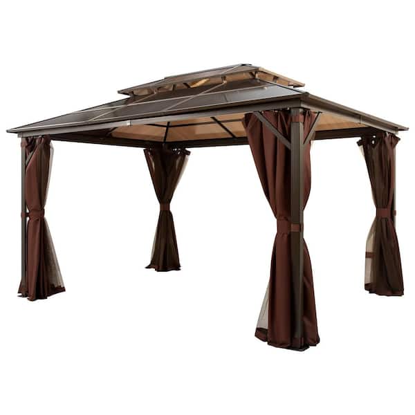 VIVOHOME 10 ft. x 10 ft. Outdoor Hardtop Double Tier Roof Metal Gazebo with Netting