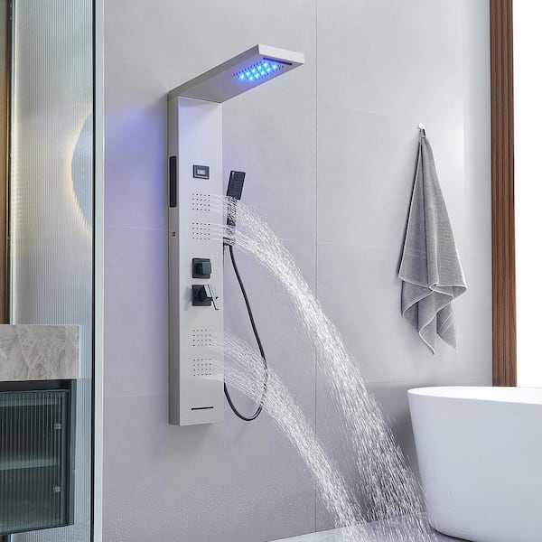 Dual 4-in-1 4-Jet Rainfall Shower Panel System with Rainfall Waterfall and Shower Wand with LED light in Black Nickel