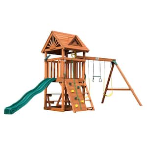 DIY Sky Tower Complete Wooden Outdoor Playset with Rock Wall, Slide, Swings, and Backyard Swing Set Accessories
