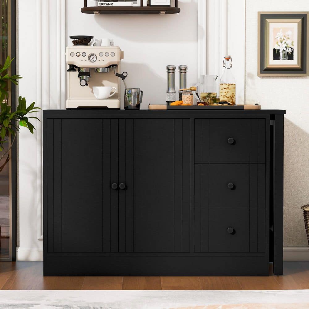 Montrelle Modern Black MDF Wooden Accent Storage Cabinet Sideboard Buffet with Extendable Table, Doors and Drawers