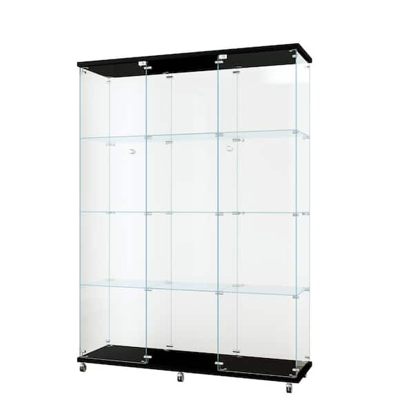 FUNKOL 66.14 in. x 47.64 in. x 14.57 in. 4-Shelf Wooden Ready to Assemble Base Display Cabinet in Black with 2 Glass Doors