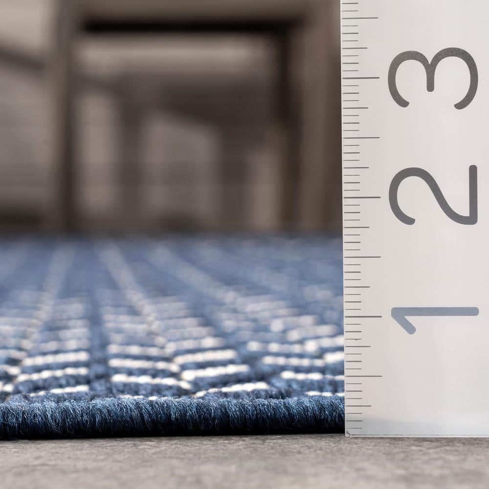 Navy Herringbone Easy-Care Synthetic Indoor/Outdoor Rug, 6'7" x 9'