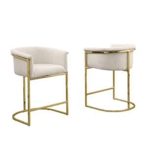 Luke Cream Boucle Fabric Counter Stool Chair Set of 2 with Floor Adjuster Gold Chrome Base