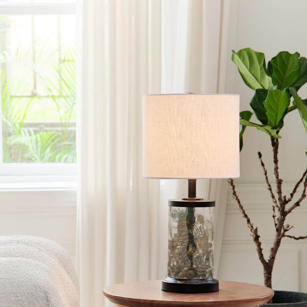 20" Oil-Rubbed Bronze Fillable Glass Table Lamp with Beige Linen Shade
