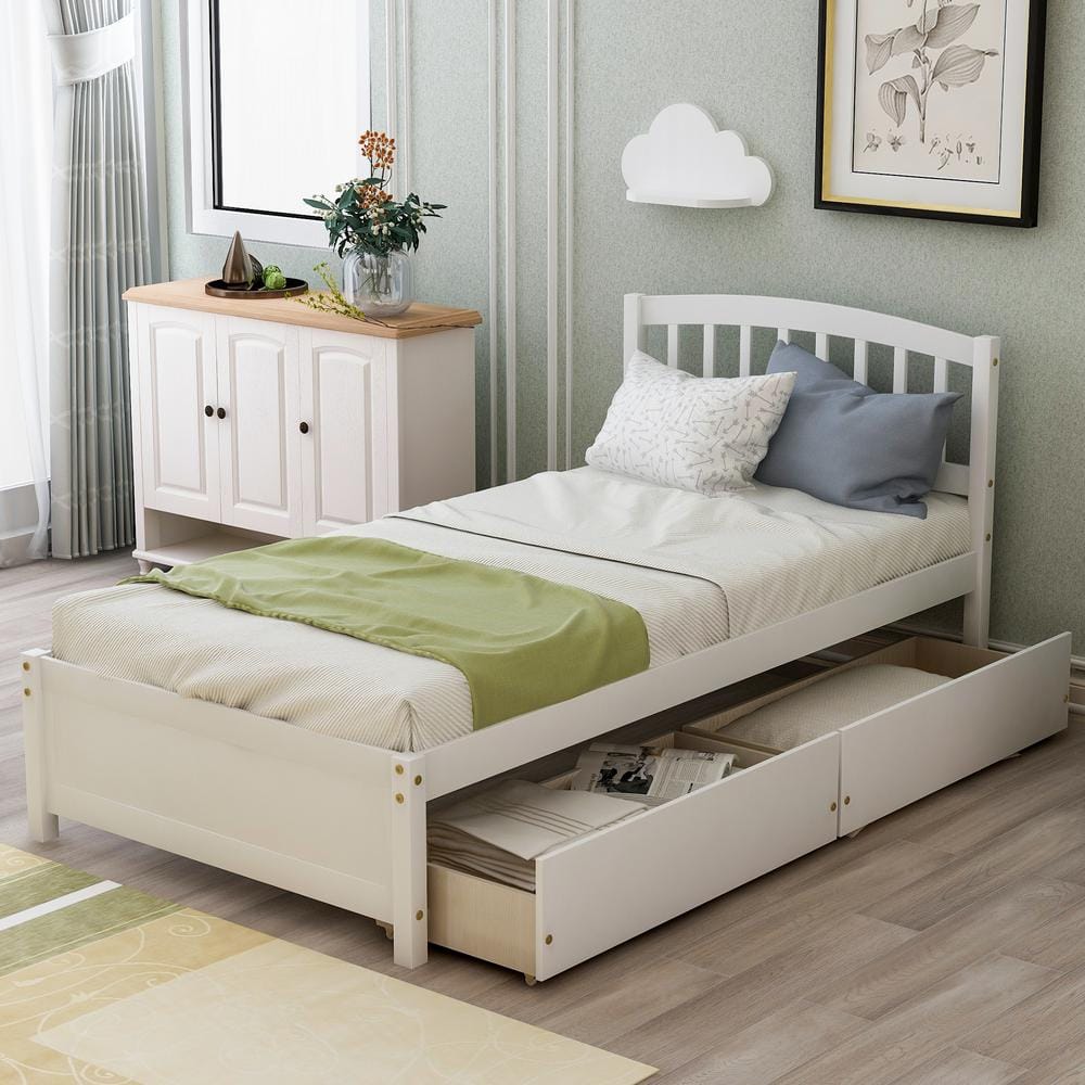 GOSALMON 79.5 in. W White Twin Wood Frame Platform Bed with 2-Drawers ...