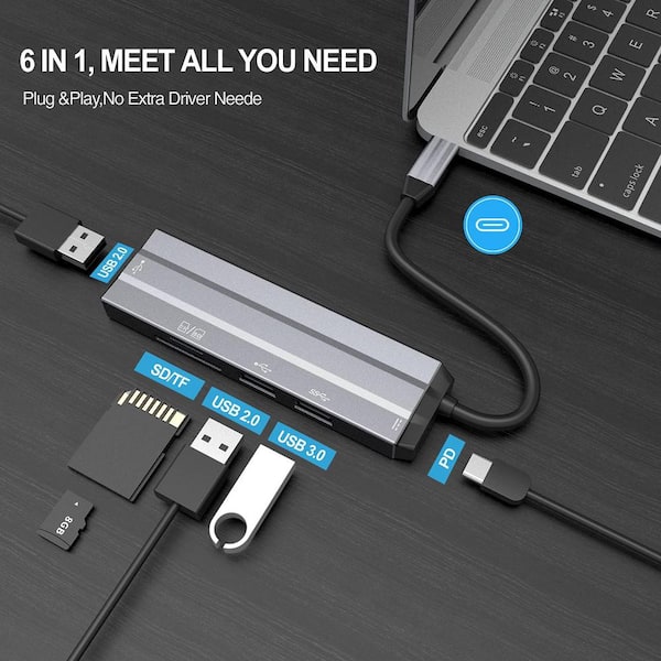 Etokfoks 6-in-1 Ultra-Slim USB-C Hub: 60W PD, Usb-c, USB 2.0 and 3.0,5Gbps, SD/TF Dock - (1-Pack)