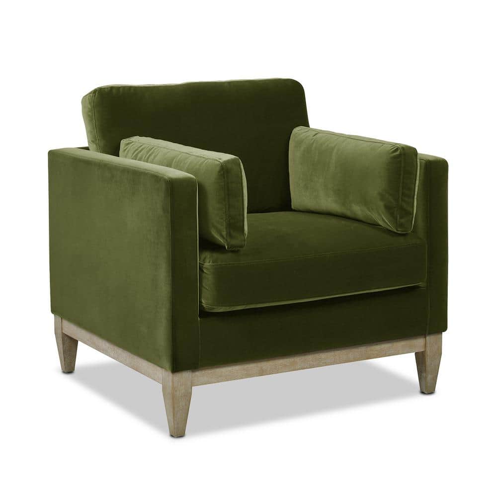 Olive Green Velvet Chaise with Wood Frame, 36"
