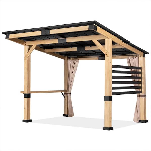 11 ft. x 10 ft. Solid Cedar Wood Outdoor Patio Gazebo with Black Galvanized Steel Roof and Privacy Curtain