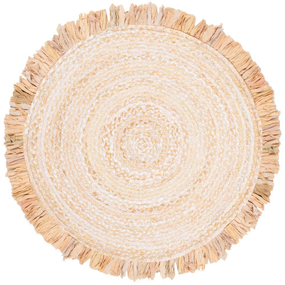 Beige Cotton Braided Round 3' Rug with Fringe