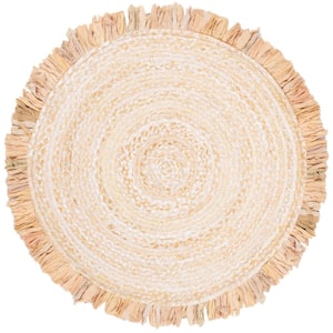 Braided Beige Doormat 3 ft. x 3 ft. Round Solid Striped Area Rug