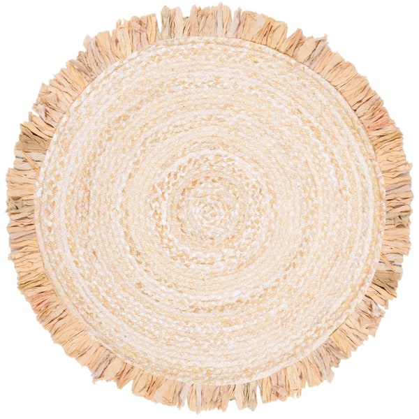 Braided Beige Doormat 3 ft. x 3 ft. Round Solid Striped Area Rug