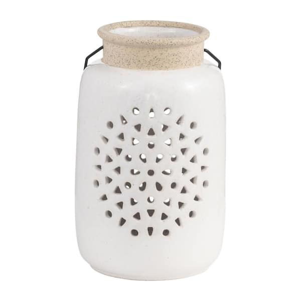 9 in. Ivory Ceramic Flower Cut-Out Lantern