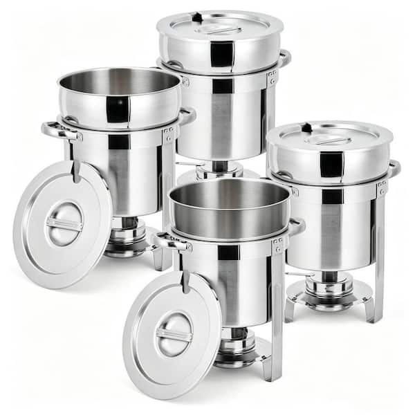 11QT Stock Pot 4 Piece Stainless Steel Round Soup Warmer with Pot Notched Lids Fuel Holders for Buffets Events Party