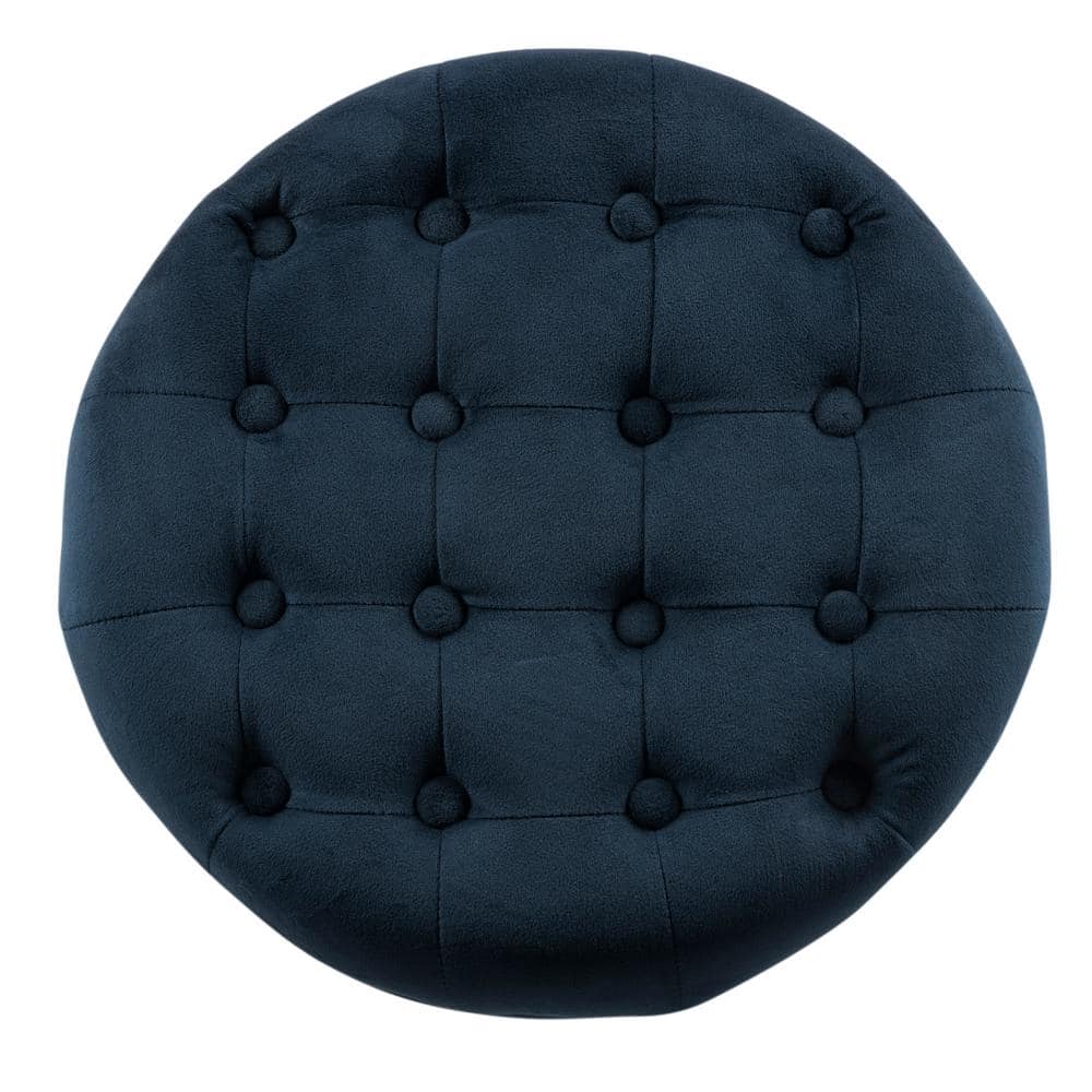 Navy Velvet Round Tufted Ottoman with Rustic Wood Legs