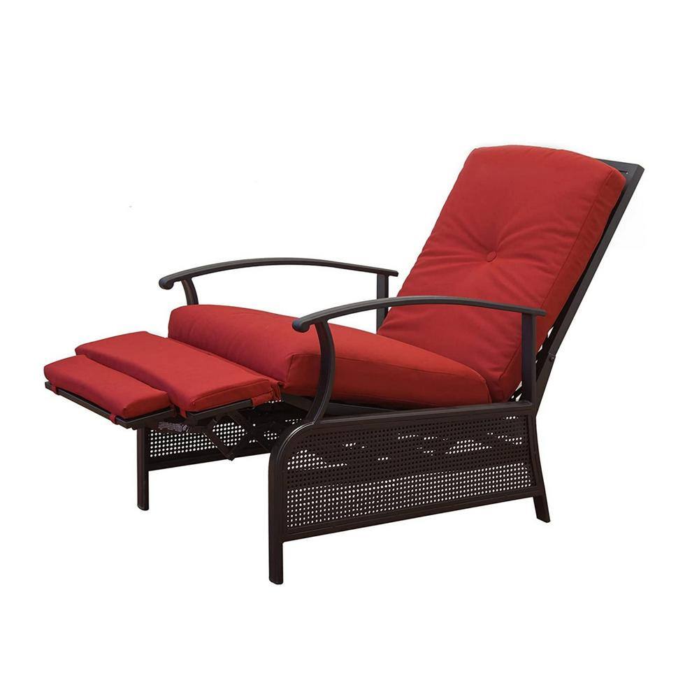 Brown Metal Adjustable Patio Recliner Outdoor Chaise Lounge Chair with Red 