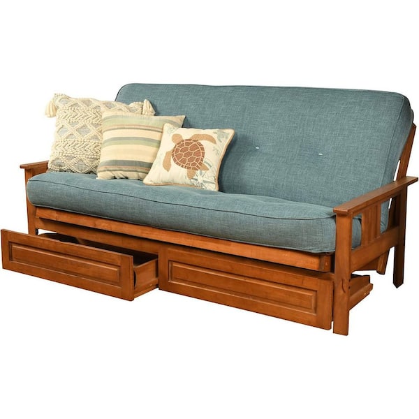 79 in. Barbados/Linen Aqua Linen Upholstered Full Size Futon Set with Mattress and Storage Drawers