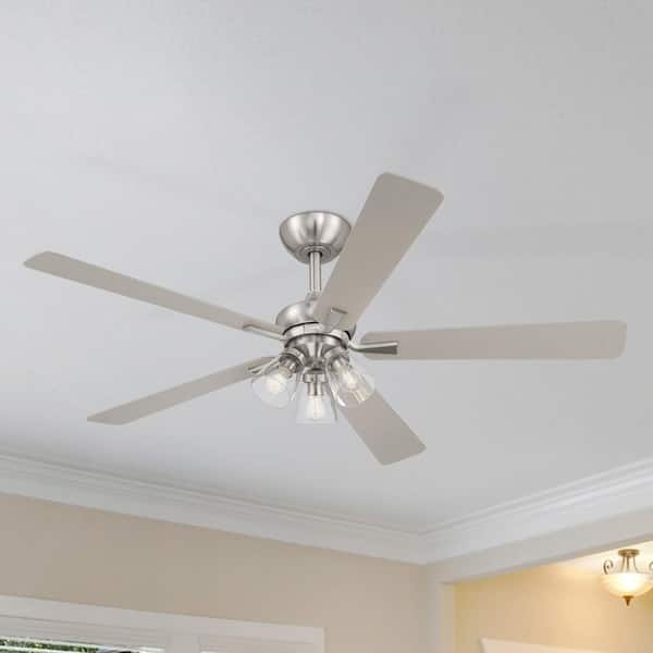 Charney 52 in. Indoor Brushed Nickel Traditional Ceiling Fan with (3) 3000K LED Bulbs, Clear Shades, Remote Included
