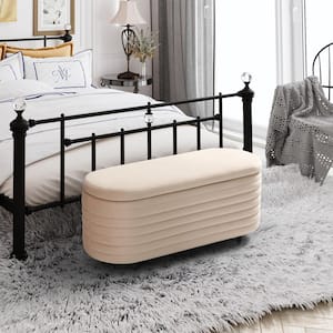 Farrah 42 in. Wide Oval Velvet Upholstered Entryway Flip Top Storage Bedroom Accent Bench in Tan