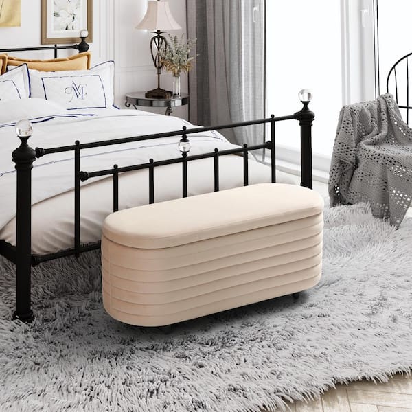 WESTINFURNITURE Farrah 42 in. Wide Oval Velvet Upholstered Entryway Flip Top Storage Bedroom Accent Bench in Tan