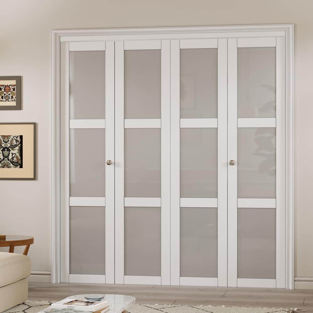 72 in. x 80 in. White MDF Bi-Fold Door with Frosted Glass Panels