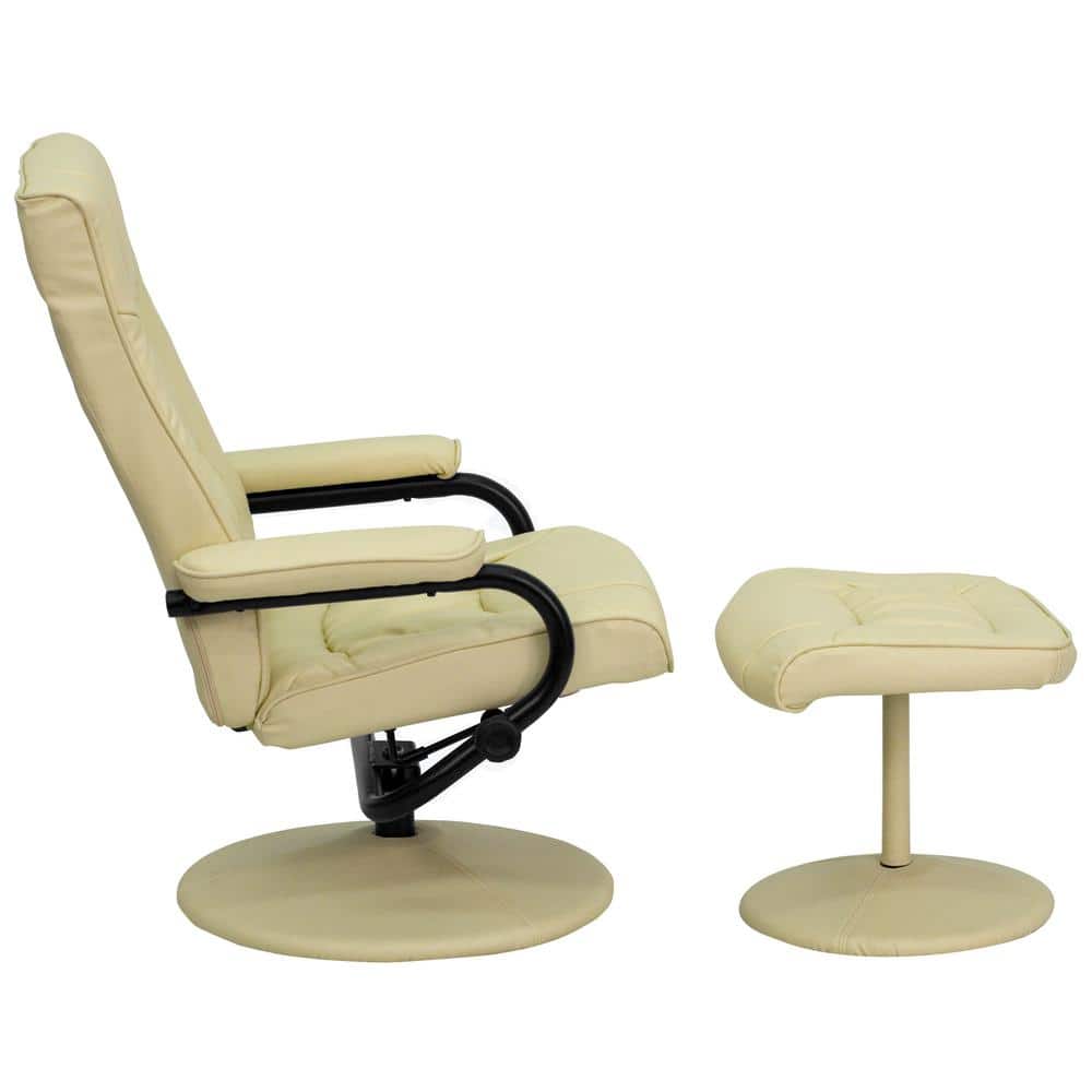 Cream Leather Swivel Recliner with Ottoman and Metal Base