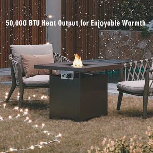 28 in. 50,000 BTU Brown Frame Square Metal Outdoor Propane Gas Fire Pit Table with Fire Glass for Patio, Balcony
