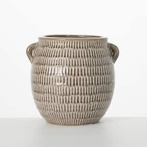 8.25 in. Hash-Marked Gray Ceramic Urn Vase