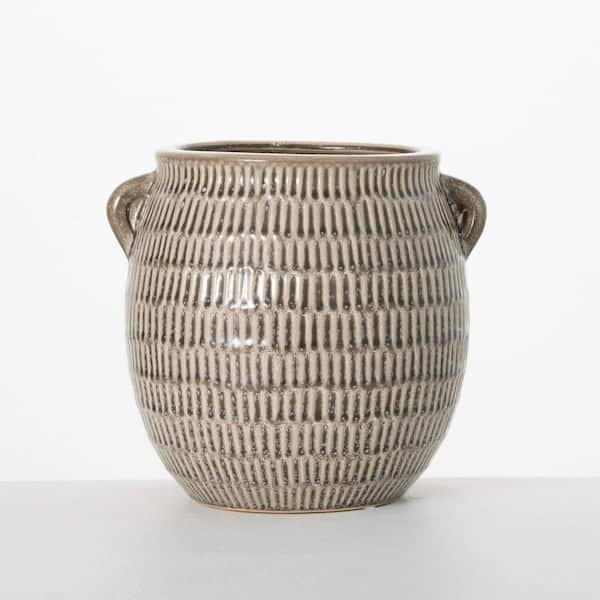 SULLIVANS 8.25 in. Hash-Marked Gray Ceramic Urn Vase