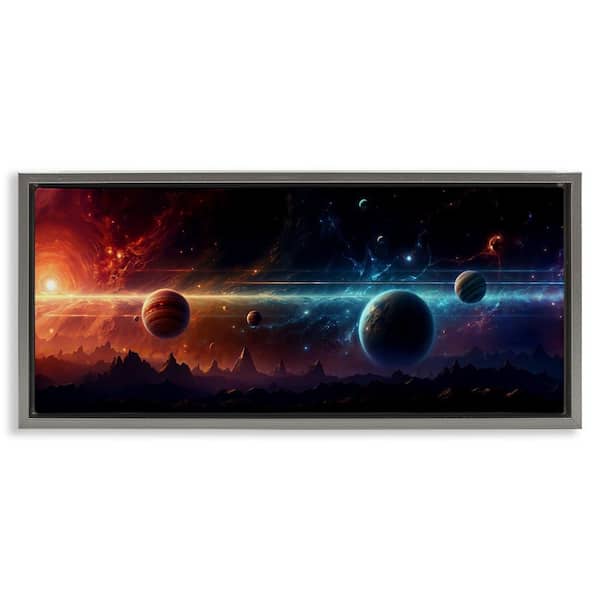 Stupell Industries Surreal Planets Over Crags by Wumples Gray Floater Frame Abstract Graphic Art Print 14 in. x 31 in.