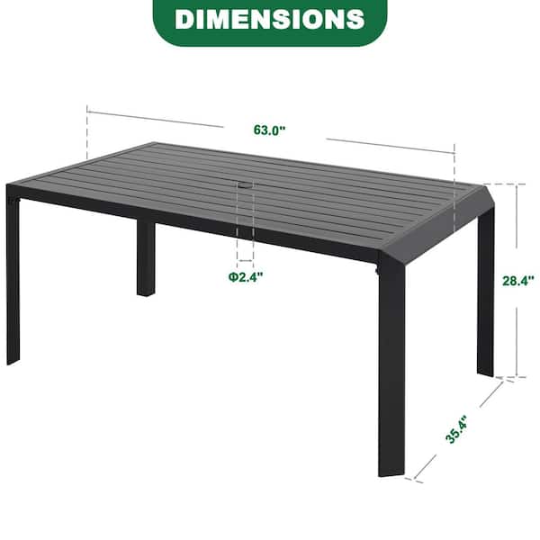 Black Rectangle Aluminum Outdoor Dining Table with 2.36 in. Umbrella Hole