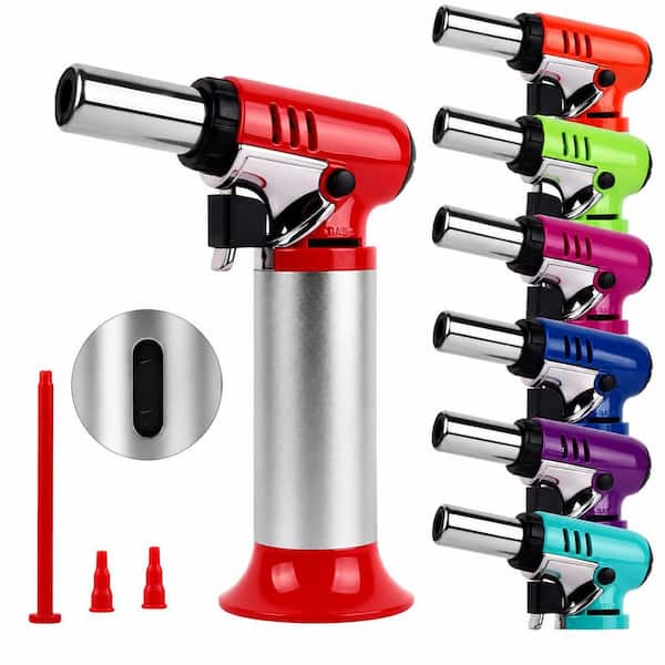 Aluminum Alloy Red Butane Torch Lighter with Adjustable Flame and Fuel Gauge for Kitchen BBQ Baking Soldering