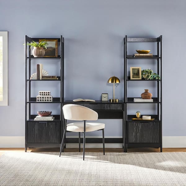 Transitional Black Reeded 38 in. Writing Desk with 2 Narrow Modern Bookcases (3-Piece)