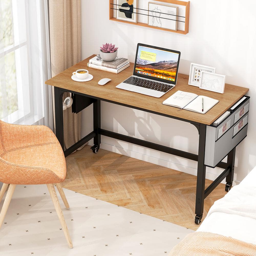 Modern Dark Brown Particleboard Rolling Computer Desk with Metal Frame