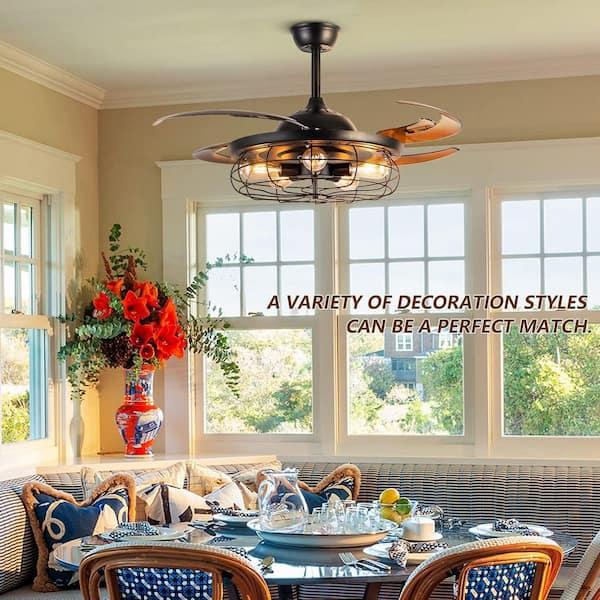 48 in. Indoor Farmhouse Retractable Ceiling Fan with Light Black Caged Ceiling Fan Light with Remote