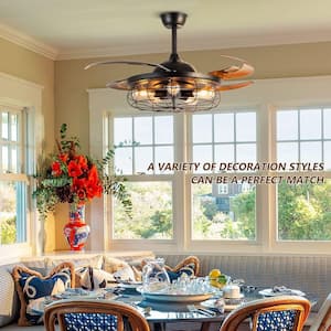 48 in. Indoor Black Ceiling Fan with Lights and Remote Retractable Blades Fandelier
