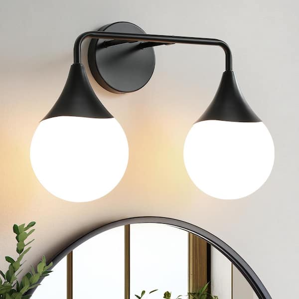 KAISITE 16.8 in. 2 Light Black Vanity Light with Milk White Globe Glass Shade Modern Bathroom Lighting Fixtures