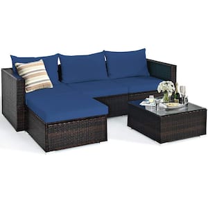 Brown 5-Piece Wicker Outdoor Patio Conversation Seating Set with Blue Cushions and Coffee Table