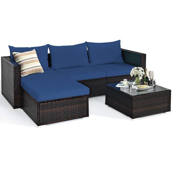 Alpulon Brown 5-Piece Wicker Outdoor Patio Conversation Seating Set with Blue Cushions and Coffee Table