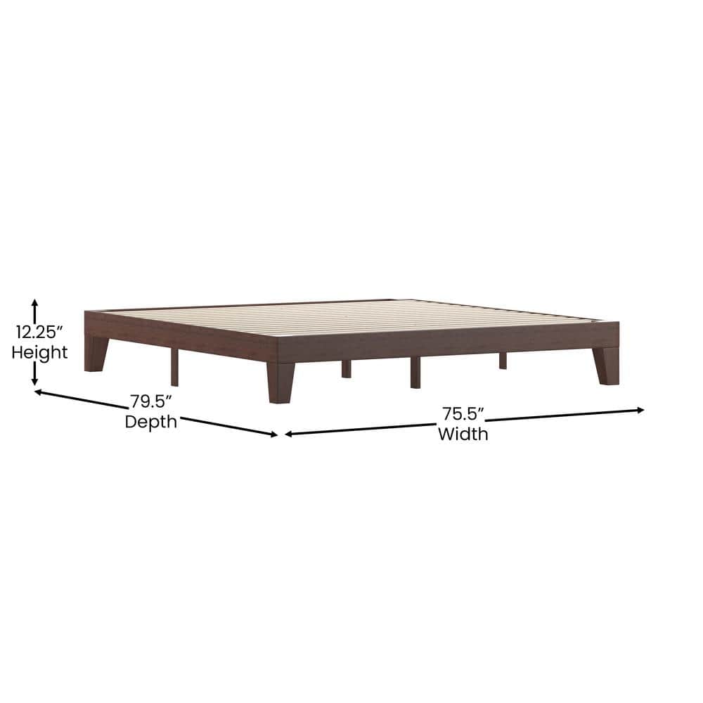 King Walnut Wooden Platform Bed with Slats and Headboard