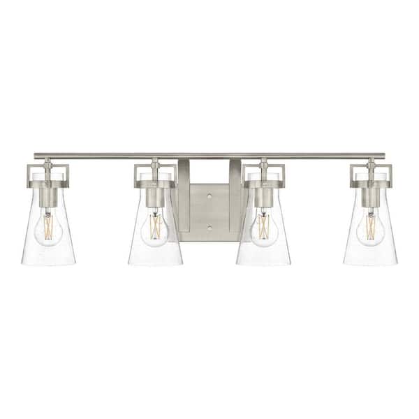 Home Decorators Collection Clermont 30.75 in. 4-Light Brushed Nickel Bathroom Vanity Light with Seeded Glass Shade