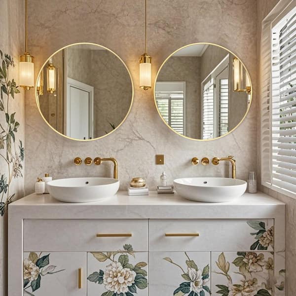 24 in. W x 24 in. H Gold Vanity Round Wall Mirror Aluminium Alloy Frame Bathroom Mirror (2 Pieces)