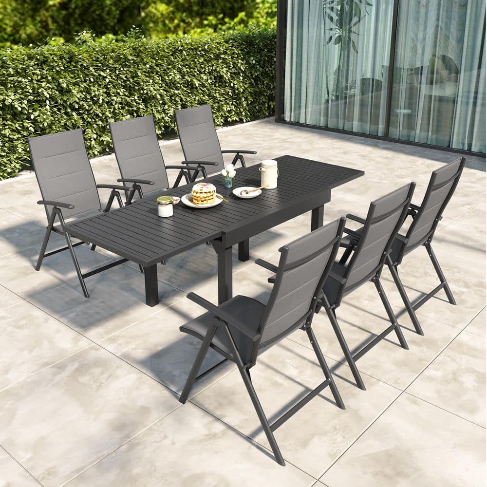 7 Pieces Gray Aluminum Outdoor Patio Dining Set with Extendable Table and Adjustable Folding Chairs