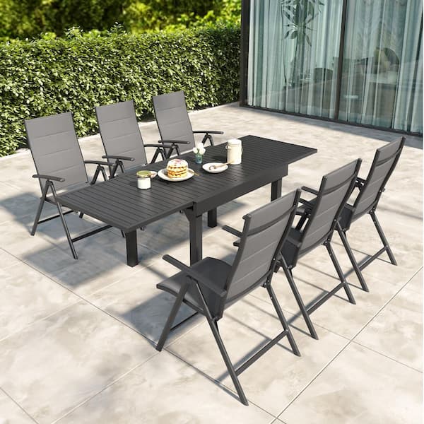 7 Pieces Gray Aluminum Outdoor Patio Dining Set with Extendable Table and Adjustable Folding Chairs