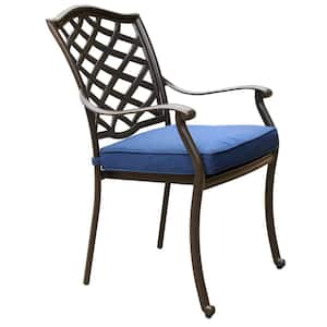 Dark Black Aluminum Outdoor Lounge Dining Chair with Navy Cushions for Garden Patio(2-Pack)